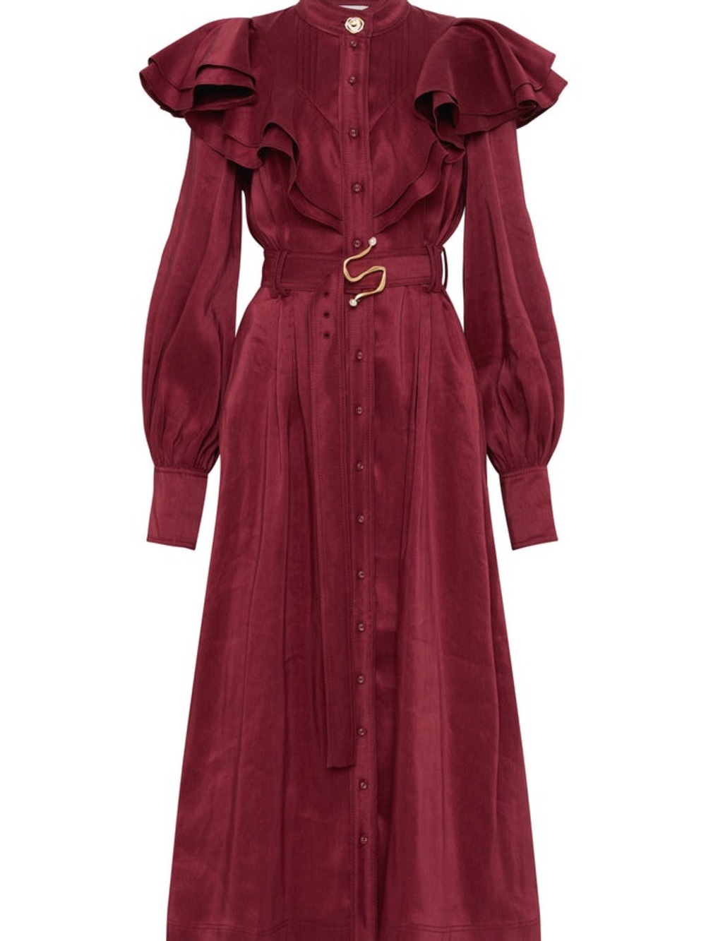 Aje Burgundy Ruffled Midi Shirt Dress with S-shaped Buckle